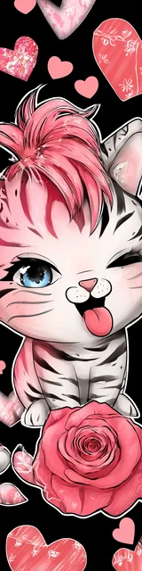 Free kawaii cats bookmark featuring a striped cat with a red flower